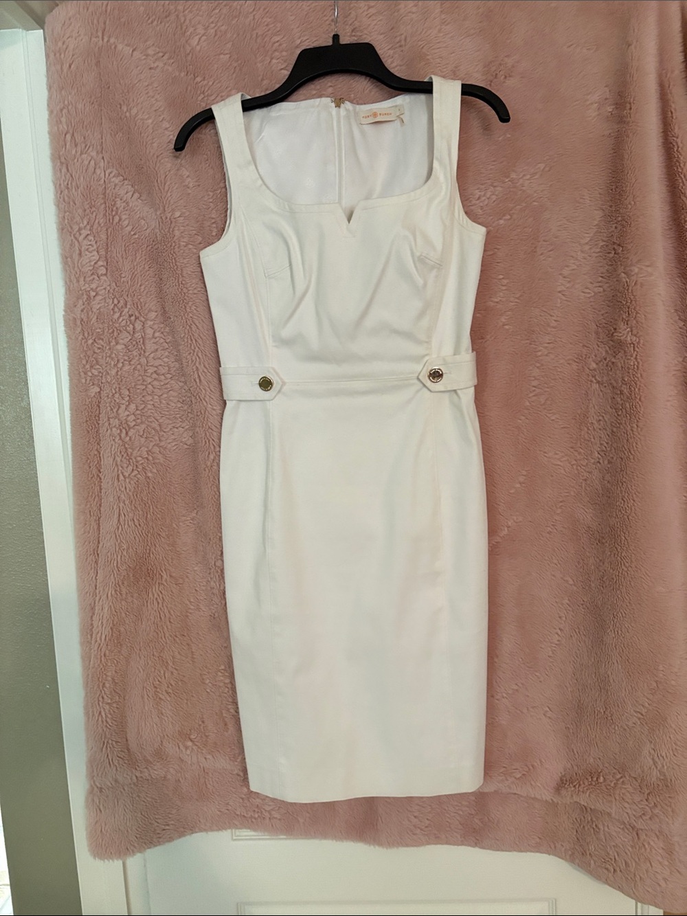 Tory Burch White Sleeveless Sheath Dress with Gold-Tone Button Tabs